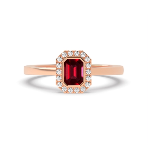 Bezel Setting Emerald Rose Gold Halo mid set diamond and Naturally Mined Diamond Gemstone Engagement Rings