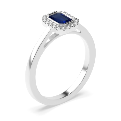 Bezel Setting Emerald Halo mid set diamond and Blue Sapphire Gemstone Engagement Rings