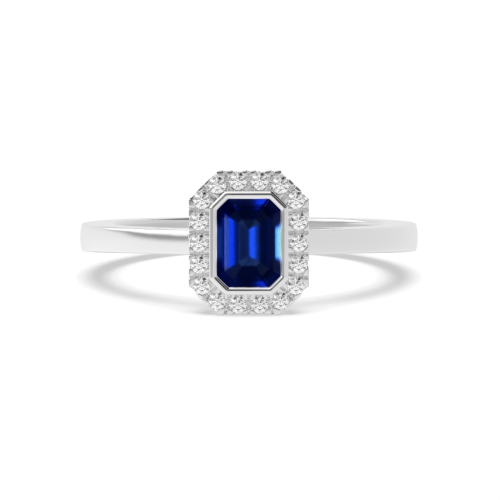 Bezel Setting Emerald Halo mid set diamond and Blue Sapphire Gemstone Engagement Rings