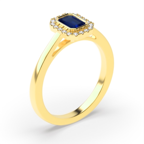 Bezel Setting Emerald Yellow Gold Halo mid set diamond and Naturally Mined Diamond Engagement Rings