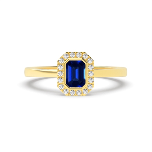 Bezel Setting Emerald Yellow Gold Halo mid set diamond and Naturally Mined Diamond Engagement Rings