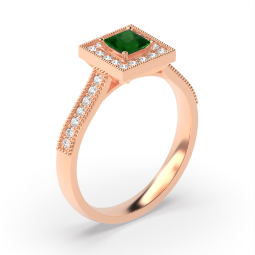 4 Prong Princess Rose Gold Halo mid set diamond and Lab Grown Diamond Antique Engagement Rings