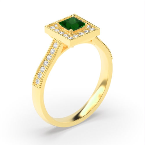 4 Prong Princess Yellow Gold Halo mid set diamond and Lab Grown Diamond Antique Engagement Rings