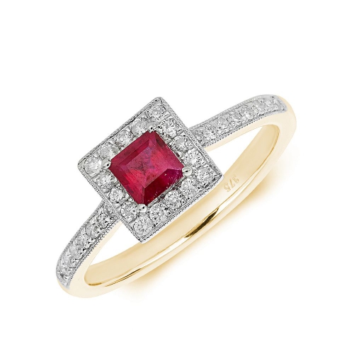 4 Prong Princess Yellow Gold Halo mid set diamond and Naturally Mined Diamond Engagement Rings