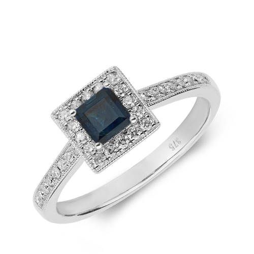 4 Prong Princess Halo mid set diamond and Blue Sapphire Gemstone Engagement Rings