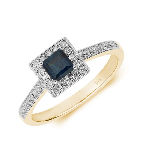 4 Prong Princess Yellow Gold Halo mid set diamond and Naturally Mined Diamond Engagement Rings