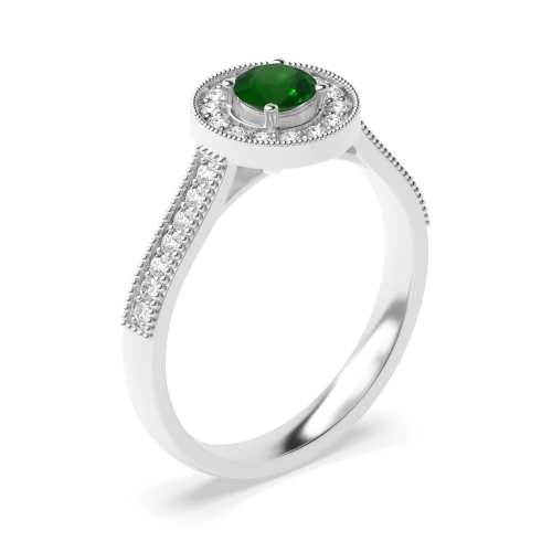 4 Prong Round Halo mid set diamond and Emerald Gemstone Engagement Rings