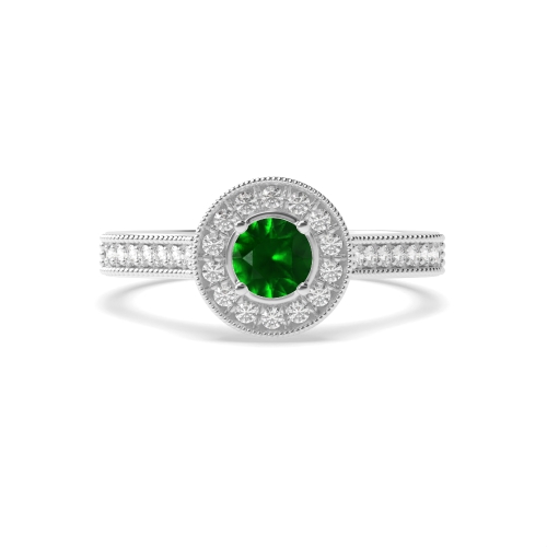 4 Prong Round Halo mid set diamond and Emerald Gemstone Engagement Rings