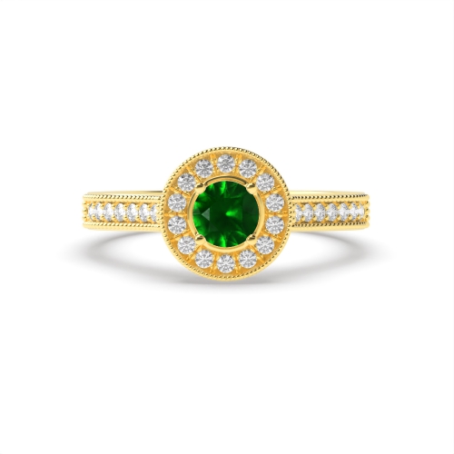 4 Prong Round Yellow Gold Halo mid set diamond and Naturally Mined Diamond Engagement Rings