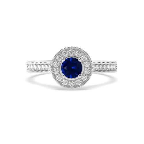 4 Prong Round Halo mid set diamond and Blue Sapphire Gemstone Engagement Rings