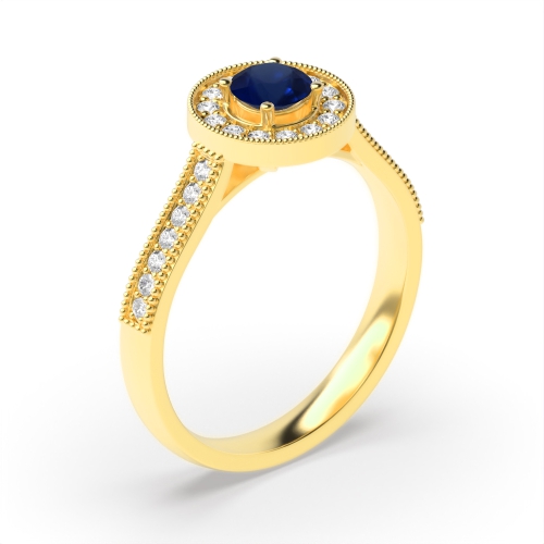 4 Prong Round Yellow Gold Halo mid set diamond and Naturally Mined Diamond Engagement Rings