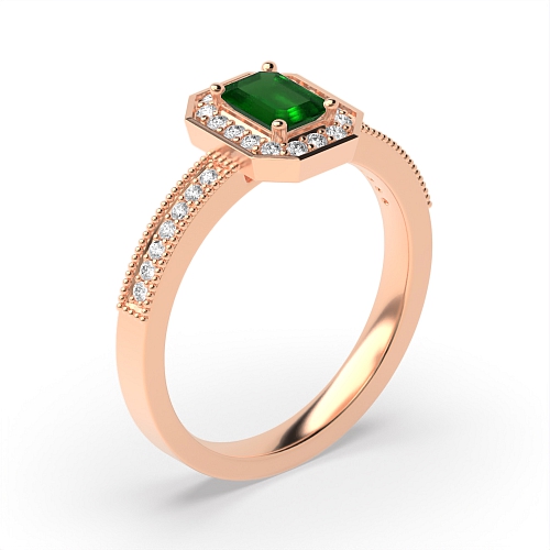 4 Prong Emerald Rose Gold Milligrain halo diamond and Lab Grown Diamond Vintage Wedding Engagement Rings