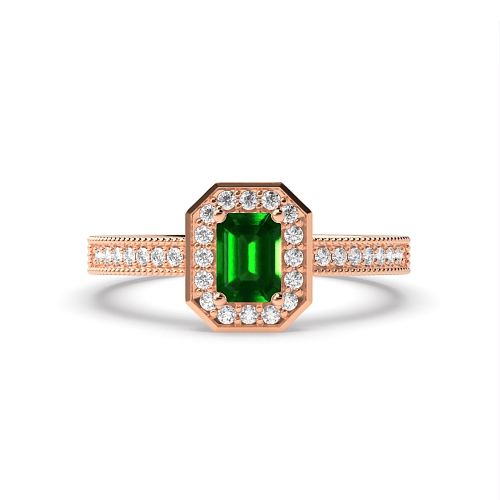 4 Prong Emerald Rose Gold Milligrain halo diamond and Lab Grown Diamond Vintage Wedding Engagement Rings
