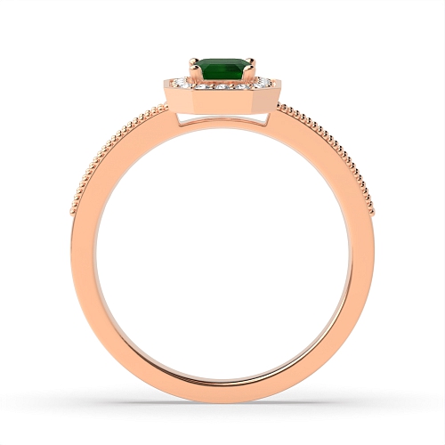 4 Prong Emerald Rose Gold Milligrain halo diamond and Lab Grown Diamond Vintage Wedding Engagement Rings