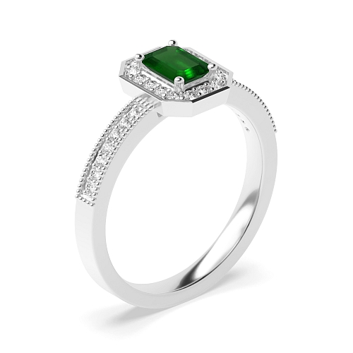 4 Prong Emerald Milligrain halo diamond and Lab Grown Diamond Gemstone Engagement Rings