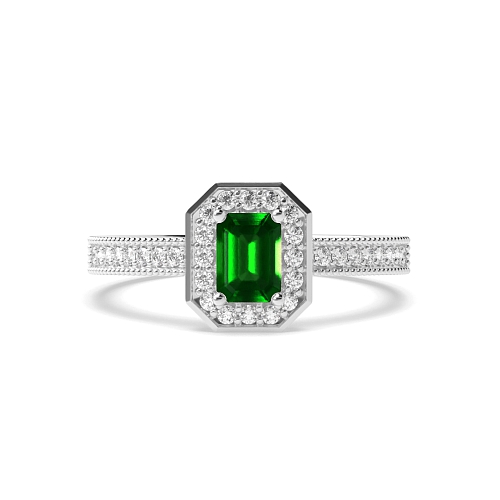 4 Prong Emerald Milligrain halo diamond and Lab Grown Diamond Gemstone Engagement Rings