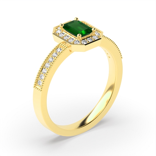 4 Prong Emerald Yellow Gold Milligrain halo diamond and Lab Grown Diamond Gemstone Engagement Rings