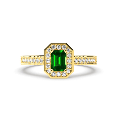 4 Prong Emerald Yellow Gold Milligrain halo diamond and Lab Grown Diamond Gemstone Engagement Rings