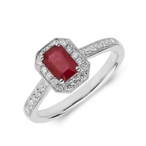 Gemstone Ring With 0.6ct Emerald Shape Ruby and Diamonds