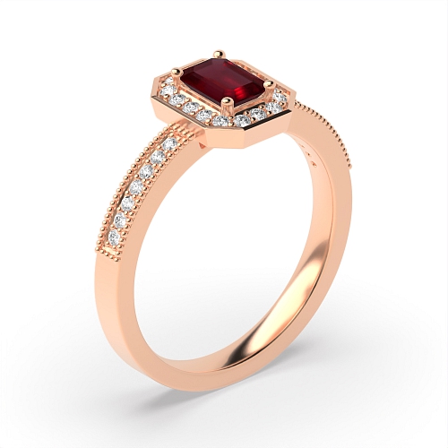 4 Prong Emerald Rose Gold Milligrain halo diamond and Naturally Mined Diamond Engagement Rings