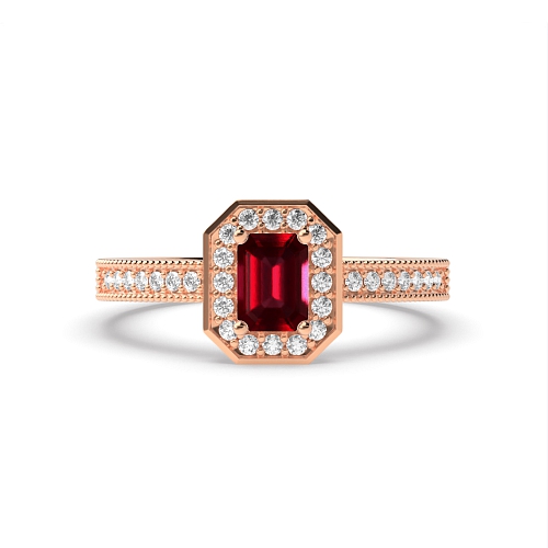 4 Prong Emerald Rose Gold Milligrain halo diamond and Naturally Mined Diamond Engagement Rings