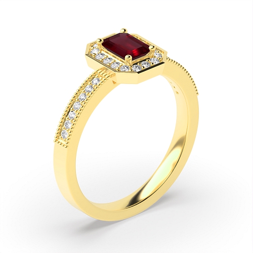 4 Prong Emerald Yellow Gold Milligrain halo diamond and Naturally Mined Diamond Engagement Rings