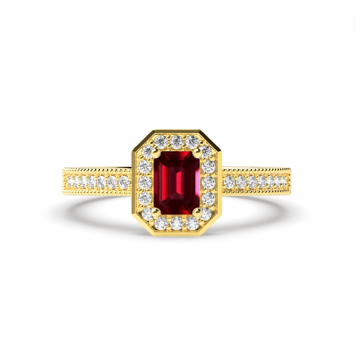 4 Prong Emerald Yellow Gold Milligrain halo diamond and Naturally Mined Diamond Engagement Rings