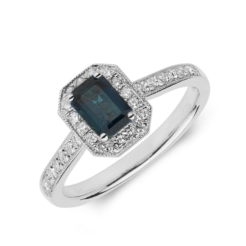Gemstone Ring With 0.6ct Emerald Shape Blue Sapphire and Diamonds