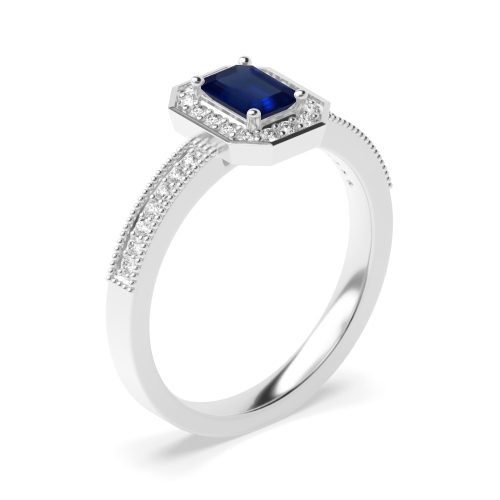 Gemstone Ring With 0.6Ct Emerald Cut Blue Sapphire And Diamonds