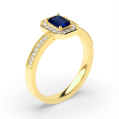 4 Prong Emerald Yellow Gold Milligrain halo diamond and Lab Grown Diamond Gemstone Engagement Rings