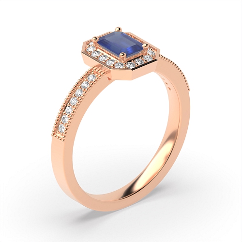 4 Prong Emerald Rose Gold Milligrain halo diamond and Naturally Mined Diamond Gemstone Engagement Rings