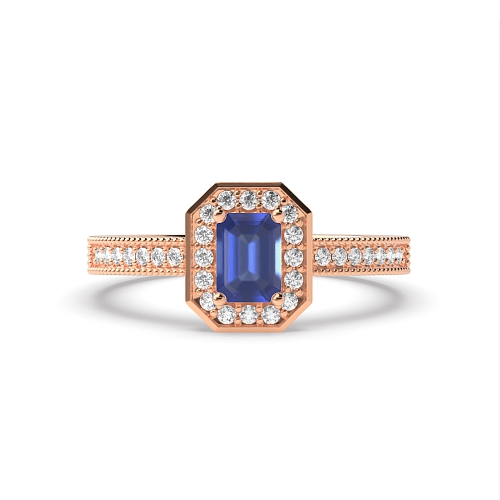 4 Prong Emerald Rose Gold Milligrain halo diamond and Naturally Mined Diamond Gemstone Engagement Rings