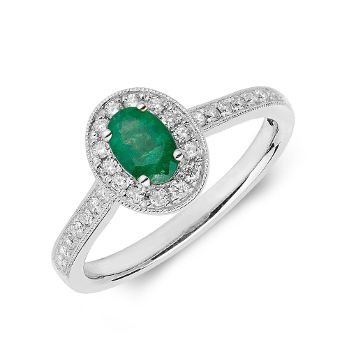 4 Prong Oval White Gold Emerald Gemstone Diamond Ring