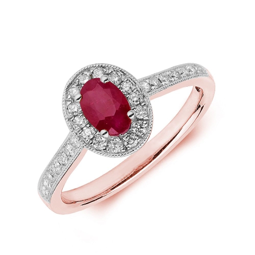 4 Prong Oval Rose Gold Halo milligrain diamond and Naturally Mined Diamond Engagement Rings