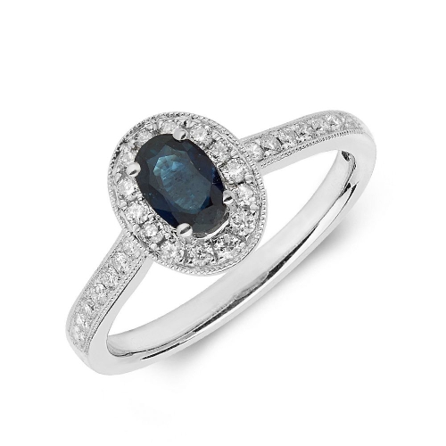 4 Prong Oval White Gold Blue Sapphire Gemstone Diamond Ring
