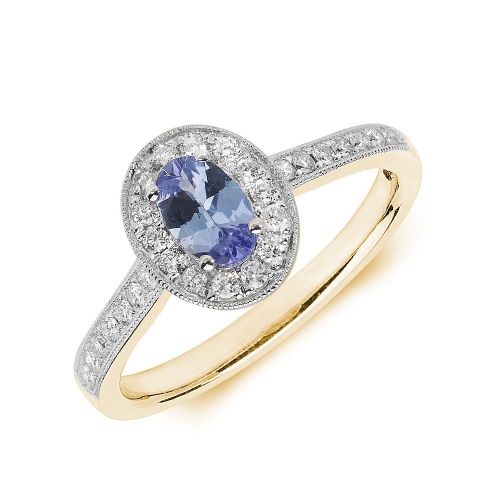 4 Prong Oval Yellow Gold Milligrain halo diamond and Naturally Mined Diamond Engagement Rings