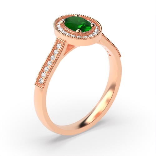 4 Prong Oval Rose Gold Milligrain halo diamond and Naturally Mined Diamond Engagement Rings