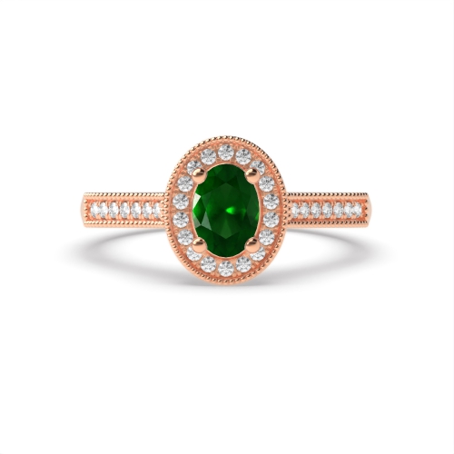 4 Prong Oval Rose Gold Milligrain halo diamond and Naturally Mined Diamond Engagement Rings