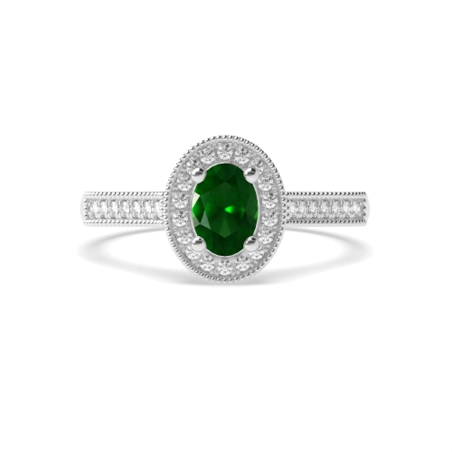 4 Prong Oval Milligrain halo diamond and Emerald Gemstone Engagement Rings
