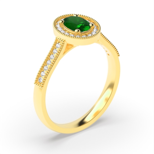 4 Prong Oval Yellow Gold Milligrain halo diamond and Naturally Mined Diamond Engagement Rings