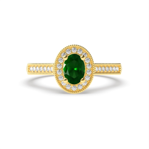 4 Prong Oval Yellow Gold Milligrain halo diamond and Naturally Mined Diamond Engagement Rings