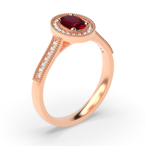 4 Prong Oval Rose Gold Milligrain halo diamond and Naturally Mined Diamond Engagement Rings