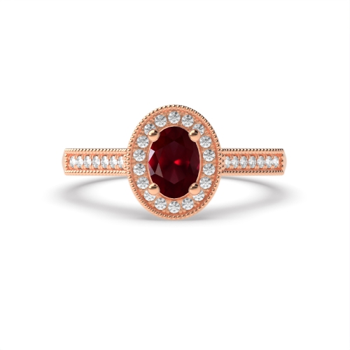 4 Prong Oval Rose Gold Milligrain halo diamond and Naturally Mined Diamond Engagement Rings