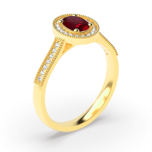 4 Prong Oval Yellow Gold Milligrain halo diamond and Naturally Mined Diamond Engagement Rings