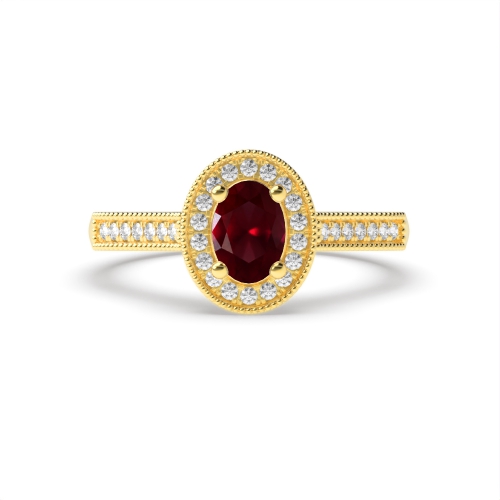 4 Prong Oval Yellow Gold Milligrain halo diamond and Naturally Mined Diamond Engagement Rings