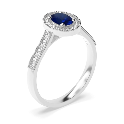 4 Prong Oval Platinum Blue Sapphire Gemstone Diamond Rings