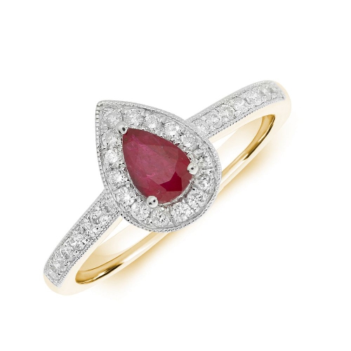 Prong Pear Yellow Gold Milligrain halo diamond and Lab Grown Diamond Gemstone Engagement Rings