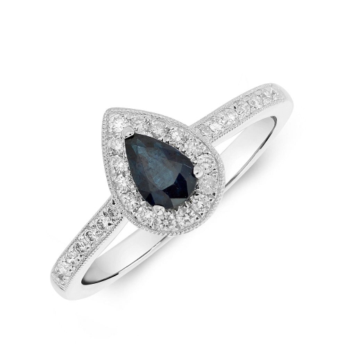 4 Prong Pear White Gold Blue Sapphire Gemstone Diamond Ring