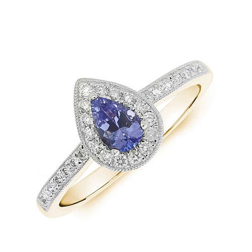 Prong Pear Yellow Gold Milligrain halo diamond and Lab Grown Diamond Engagement Rings