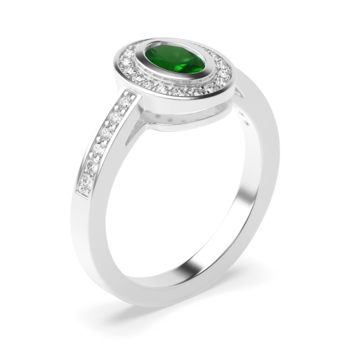 Bezel Setting Oval Diamond halo and Emerald Gemstone Engagement Rings